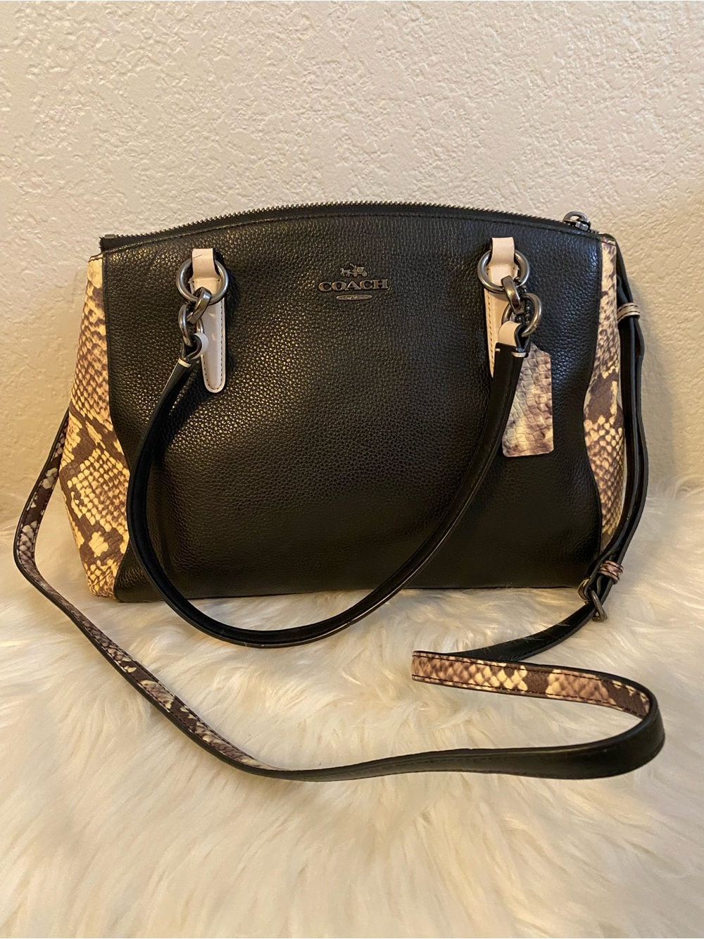 Coach Christie Carryall Black Leather Shoulder Bag with Snake-Print Panels